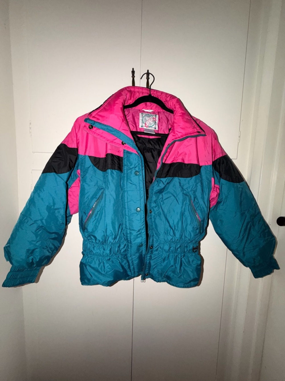 Retro Women's Teal & Pink Ski Jacket - Colorblock Snow Coat
